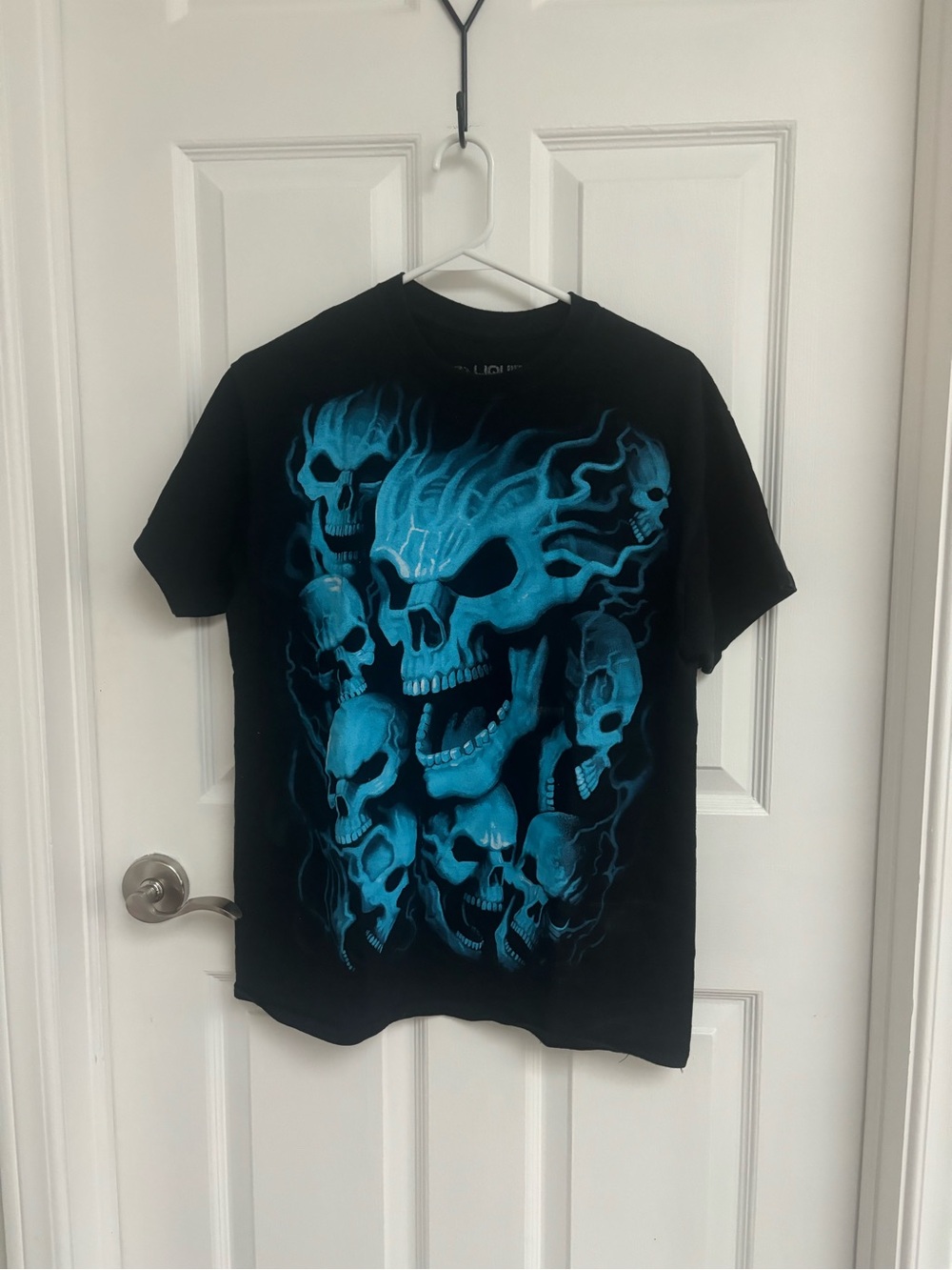 Liquid Blue Black T-Shirt with Blue Flaming Skulls